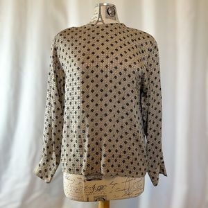 Vintage Patterned Silver & Navy Silk Long Sleeve Women’s Blouse